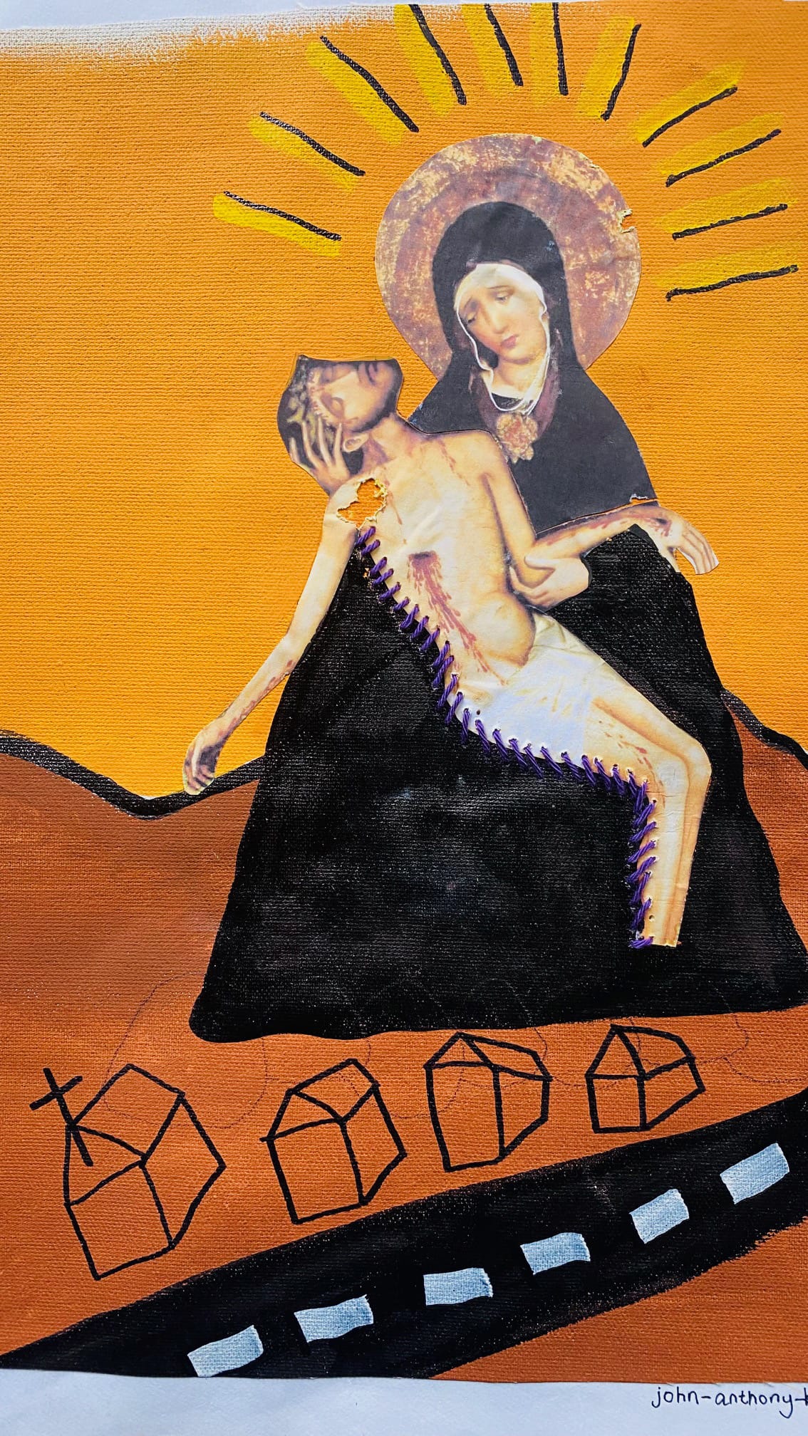 A collage shows a sad woman in black cradling a limp figure with stitched seams, against a bright orange background. Radiating lines surround her head. Below are simple black outlines of houses and a curving road with white squares.