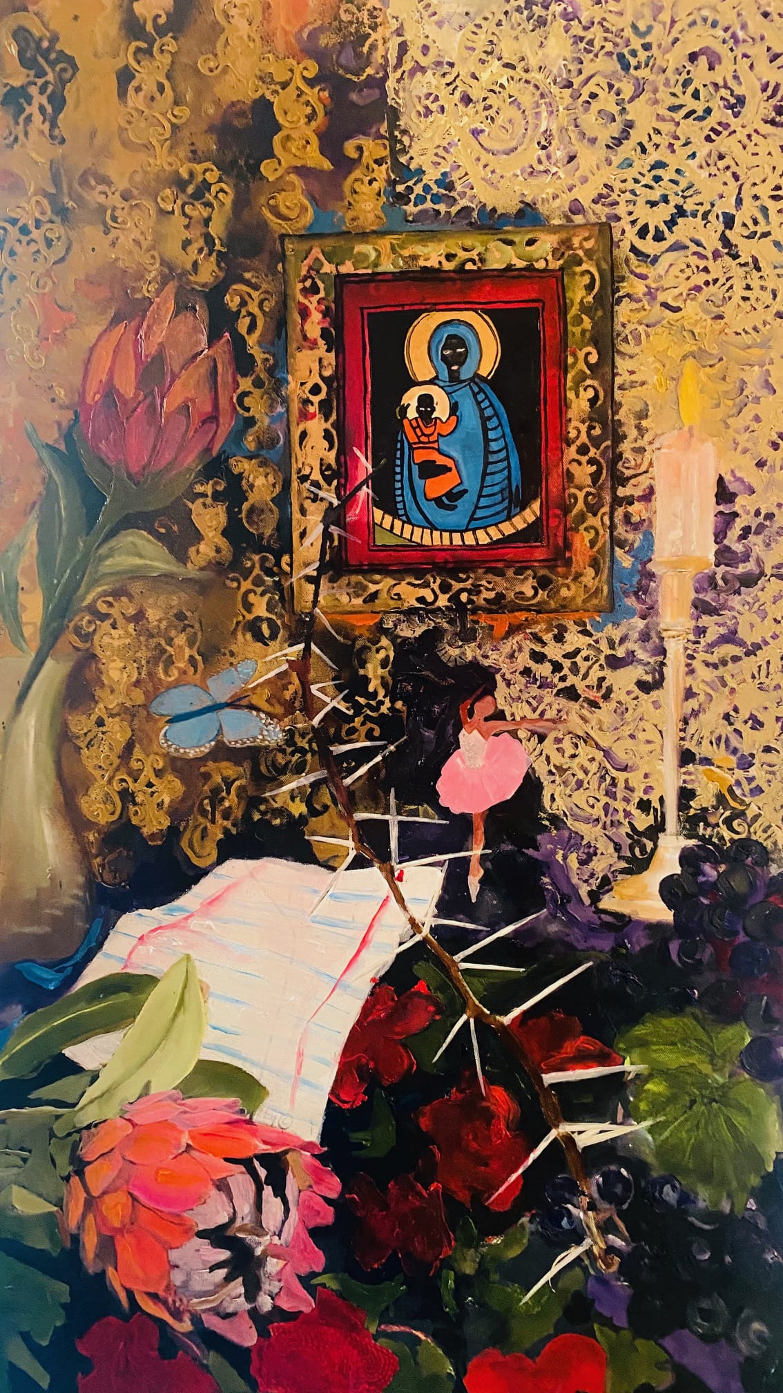 A vibrant still life features a painted icon of Madonna and Child on an ornate wall, a white candle, vivid flowers, grapes, a thorny stem, and a piece of lined paper, all arranged against a gold-patterned background.