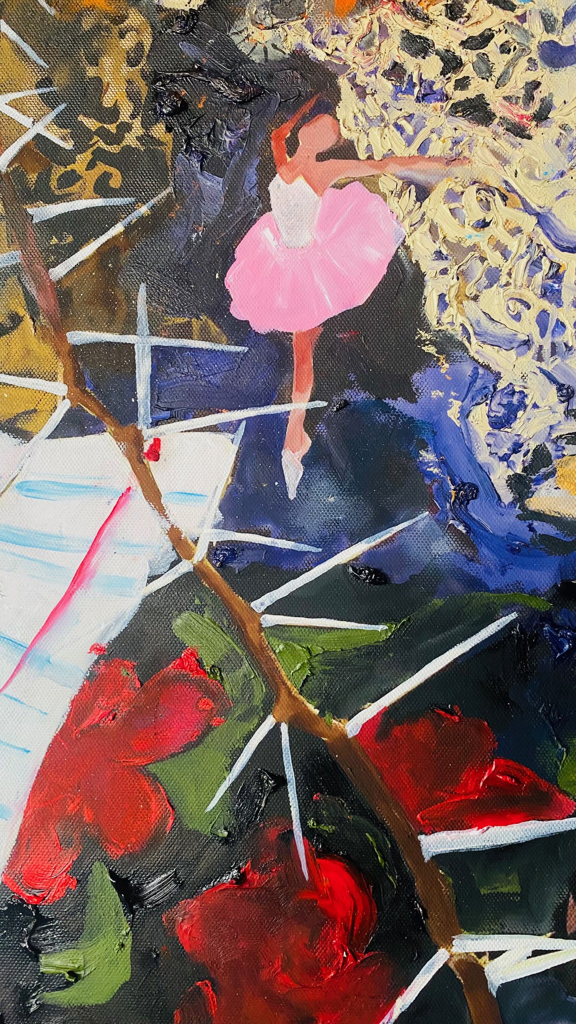 A painterly image shows a ballerina in a pink tutu dancing en pointe. She faces a swirl of yellow brushstrokes with raised arms. Diagonal white lines and red flower-like shapes decorate the abstract background, with bold colours and textured strokes throughout.