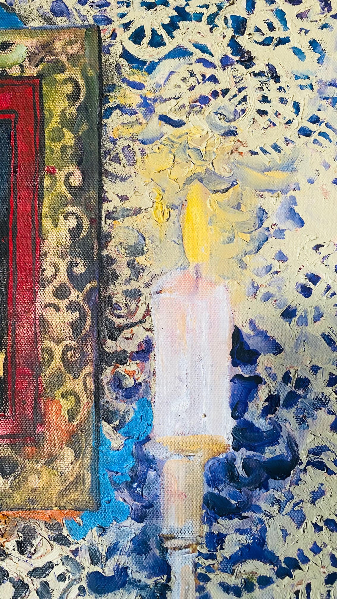 A textured painting shows a glowing candle with a yellow flame beside a patterned, ornate frame. The background is filled with swirling blue, white, and cream brushstrokes, creating a vivid, abstract atmosphere around the central candle.